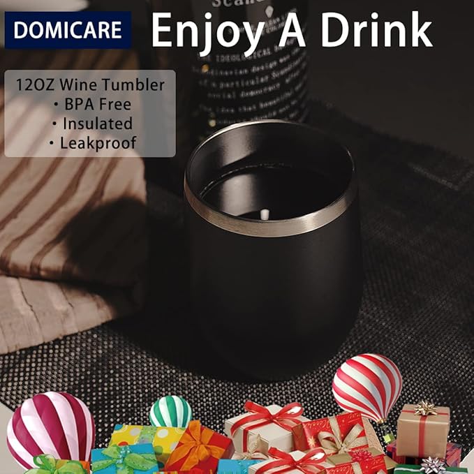 DOMICARE Stainless Steel Wine Tumbler Bulk with Lid, Personalized Insulated Tumblers Set, 12oz Travel Coffee Cups Pack of 8, Black