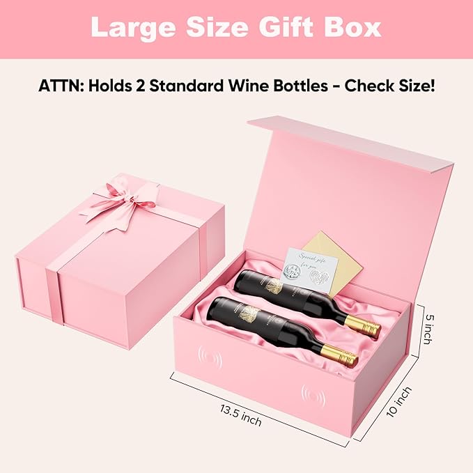 Large Pink Gift Box with Lid: 2 Pack 13.5×10×5 Inches - Strong Magnetic Closure for Valentines Birthdays Wedding Gifts – Perfect for Couples Friends Family