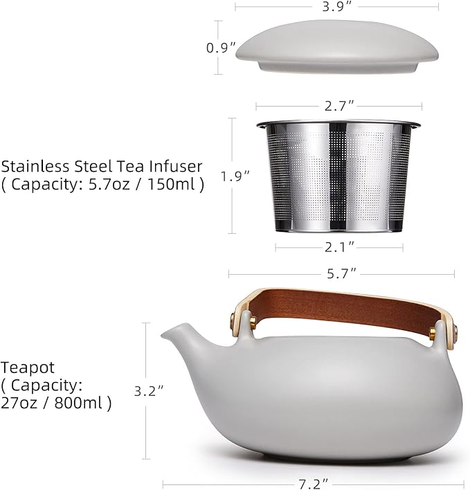 ZENS Vintage Japanese Teapot with Strainer, 27oz Matte Ceramic Loose Leaf Teapot with Infuser, Wood Handle Gray Japanese Teapots Hot Tea Brewer Pot for Women, Tea Lovers Gifts