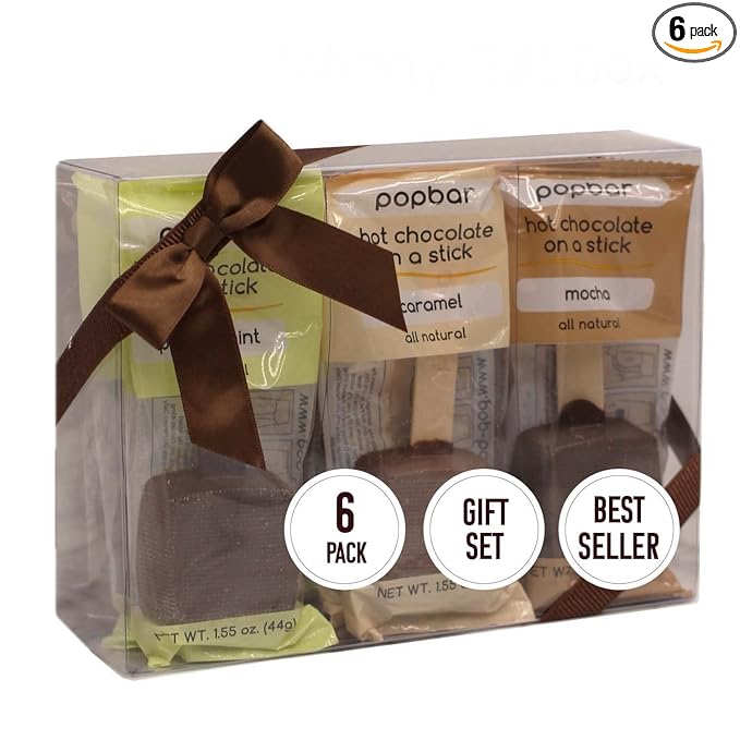 Popbar - Hot Chocolate Sticks - 6 Pack Holiday Gift Pack Set Kit - 1 Dark, 1 Milk, 1 Vanilla White, 1 Mocha, 1 Peppermint & 1 Caramel. Ideal for Holidays, Birthdays, Thanksivging , Christmas,