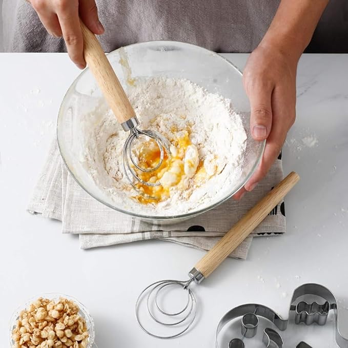 Danish Dough Whisk with Dough Scraper 10" Dutch Bread Whisk Bread Mixer Stainless Steel Dutch Bread Dough Whisk with Wooden Handle Dutch Whisk Baking Tools for Sourdough, Pizza, Pastry, Cake