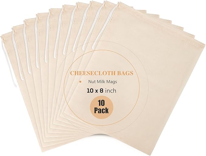 10 Pack Nut Milk Bag, 8‘’ x 10‘’Fine Mesh Grade Reusable Cheesecloth Bags Strainers, Unbleached Organic Cotton Filter Bags for Almond Milk, Juices, ColdBrew, Cheese, Tea, Yogurt, Coffee