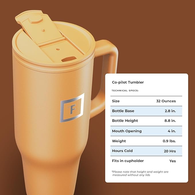 IRON °FLASK Co-Pilot Insulated Mug w/Straw & Flip Cap Lids - Cup Holder Bottle for Hot, Cold Drink - Leak-Proof - Water, Coffee Portable Travel Mug - Clementine, 32 Oz