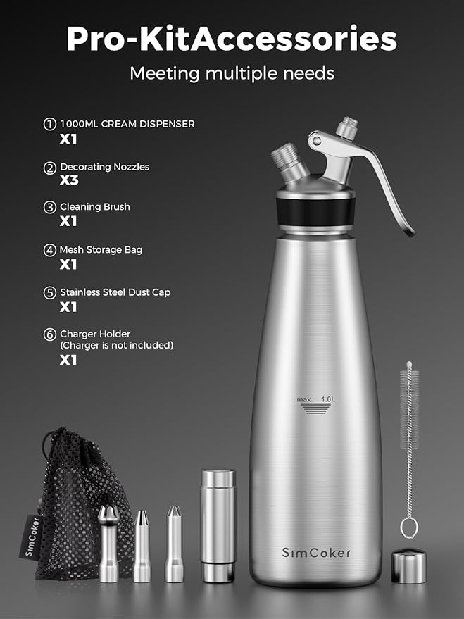 Professional Whipped Cream Dispenser,1L Stainless Steel Cream Whipper with 3 Decorating Nozzles 1Brush 1Storage Bag,Whipped Cream Maker without N2O Charger
