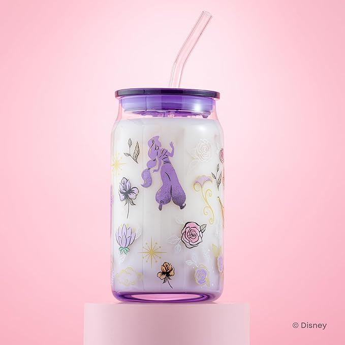 JoyJolt Disney Princess Icon Glass Tumblers with Lids and Straws, 16oz Glass Cups with Lids and Straws ft Princess Jasmine Ariel Cinderella Belle, 4pc Can Shaped Drinking Glasses, Iced Coffee Cups