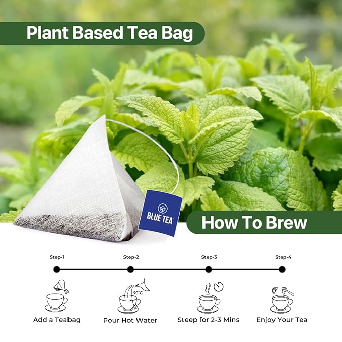BLUE TEA - Lemon Balm Tea - 10 Count - Plant Based Tea Bag | RELIEVES STRESS - IMPROVES DIGESTION | Reduces Bloating | Refreshing Citrus Flavour - Leaf Based - Caffeine Free | Ziplock Pouch