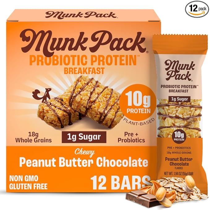 Munk Pack Peanut Butter Probiotic Protein Bars | 10g Plant Protein, 1g Sugar, 6g Fiber | Diabetic-Friendly Ideal Breakfast Bars - On-the-Go Snacks, Gluten-Free, Non-GMO | 12 Count