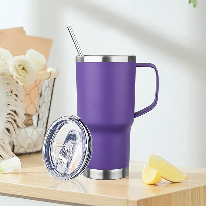 20oz Insulated Tumbler with Handle Stainless Steel Travel Coffee Mug with Lid and Straw Double Wall Vacuum Leak-proof Reusable Thermal Water Cup for Hot and Cold Drinks (Purple,1 Pack)