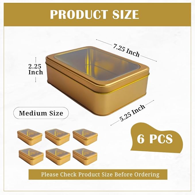 Pack of 6 Gold Rectangular Tin Container With Clear Lid, Multipurpose Tin Box, Festive Tin Box for Gift Giving, Cookies, Stationery & More - 7.25 x 5.25 x 2.25 Inches