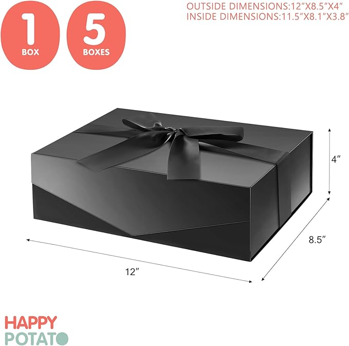 HAPPY POTATO 5 Large Gift Boxes with Ribbon 11.5x8.1x3.8 Inches, Black Boxes with Lids, Groomsmen Proposal Boxes, Magnetic Gift Boxes for Presents (Glossy Black, Pack of 5)