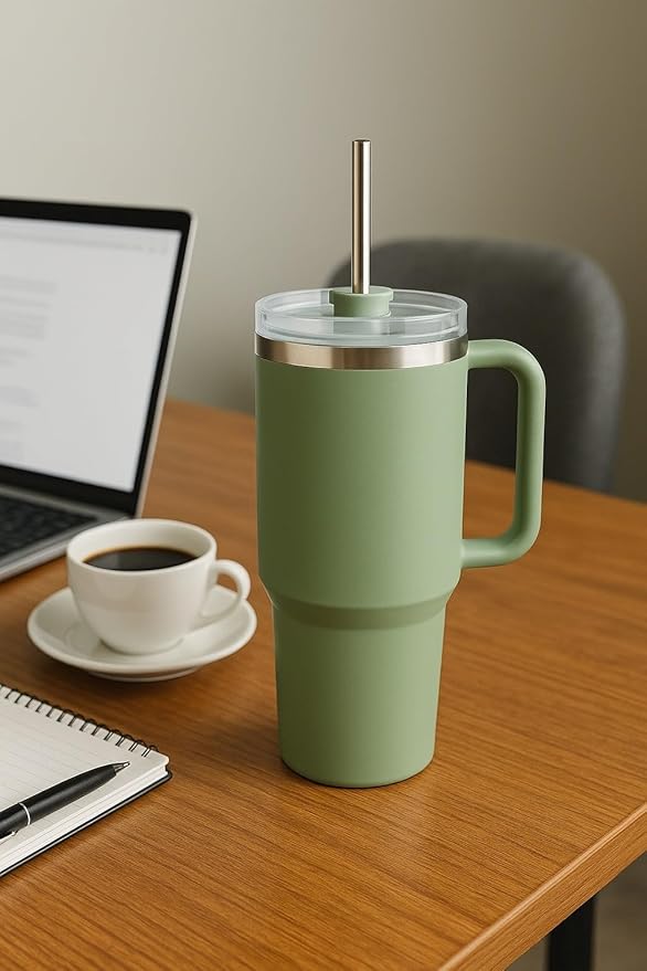 40oz Stainless Steel Tumbler with Handle & Metal Straw – Insulated Double Wall Travel Mug with Lid, Large Coffee Cup for Hot & Cold Drinks, Fits Car Cup Holders