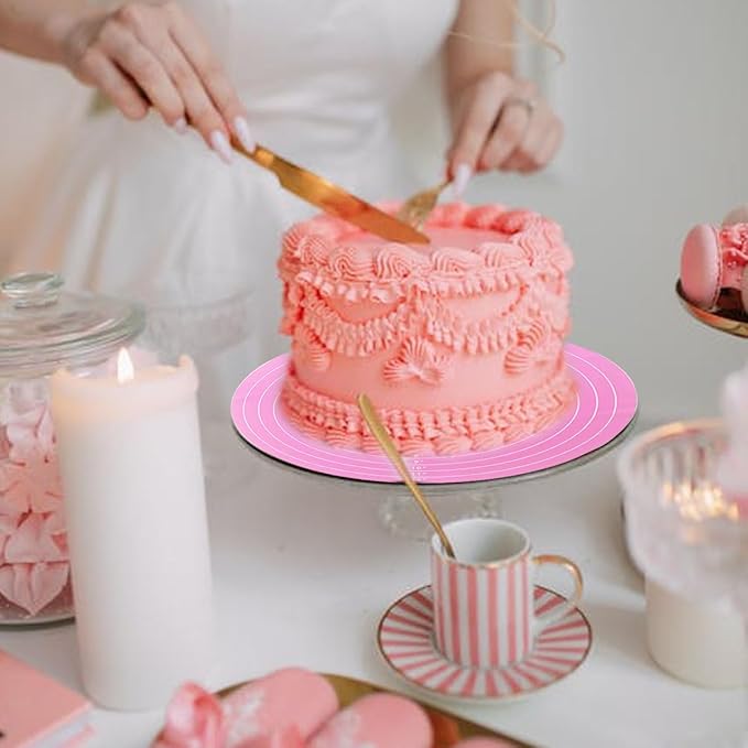 1 Pcs Pink Round Baking Mat, Cake Turntable Mat, Cake Mat Round Silicone Baking Mat, 12 In Cakes Pastry Mat for Cake Turntable Stan