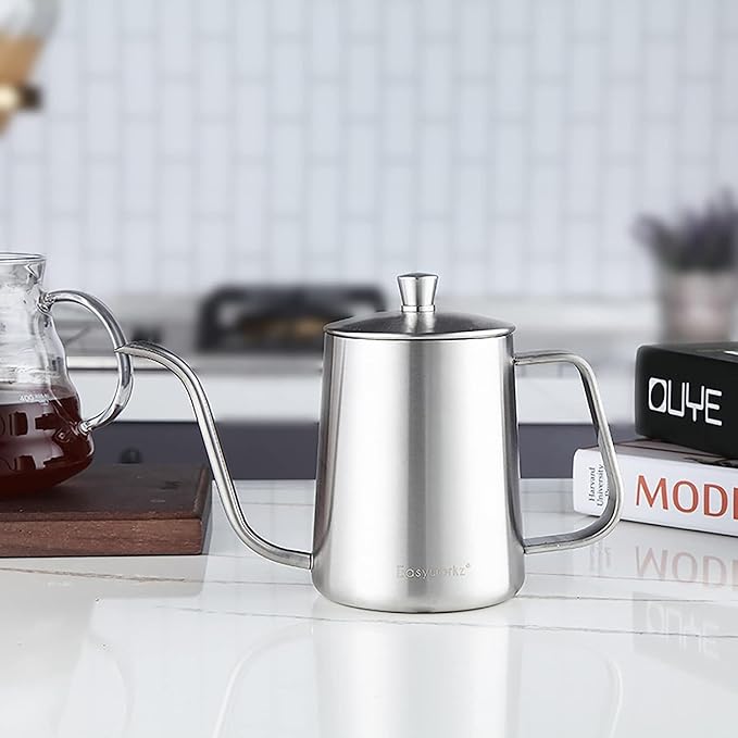 Easyworkz Gage Gooseneck Pour Over Coffee Kettle 12 oz Stainless Steel Hand Drip Long Narrow Spout, Silver