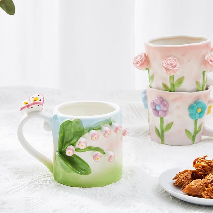 3D Flower Coffee Mug Blue Hydrangea Ceramic Cup,12 oz Cute Handmade Mugs,Christmas Birthday Surprise for Friends Family or Flower Lovers (Blue hydrangea)