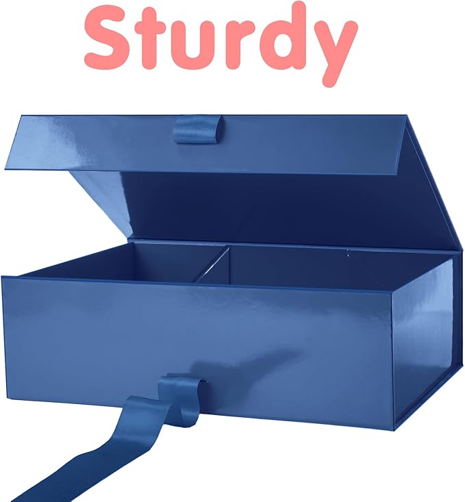 HAPPY POTATO 5 Large Gift Boxes with Ribbon 13.5x9x4.1 Inches, Blue Gift Boxes with Lids, Groomsmen Proposal Boxes, Magnetic Boxes for presents (Glossy Blue, Pack of 5)