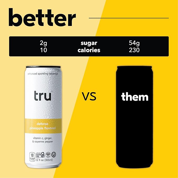 Tru Defense Seltzer, Sparkling Water with Vitamin C, Ginger Extract, Cayenne Pepper & Real Pineapple Juice, Sweetened with Monk Fruit & Stevia, Gluten Free, Vegan, Caffeine Free, 12 FL OZ Can, 12 Pack