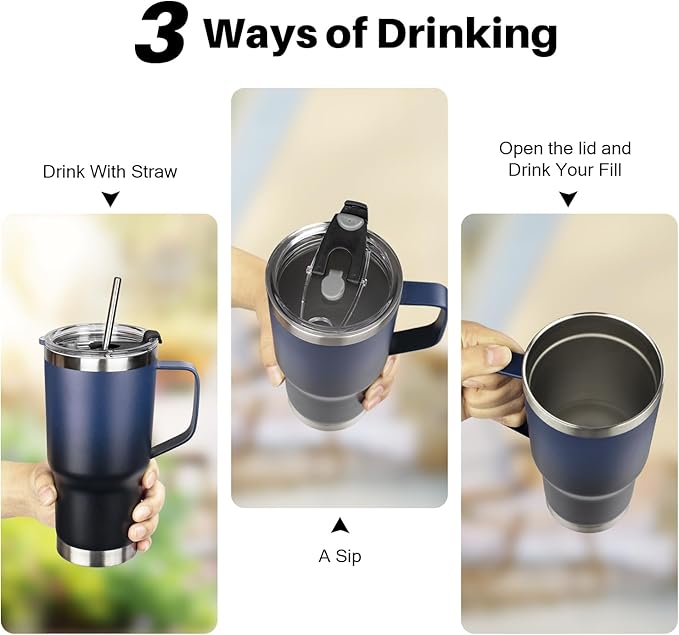 20 oz Tumbler with Handle, Stainless Steel Insulated Tumbler with Lid and Straw, Double Wall Vacuum Coffee Mug Cup, Insulated Coffee Thermal Cup for Cold and Hot (Blue Black)