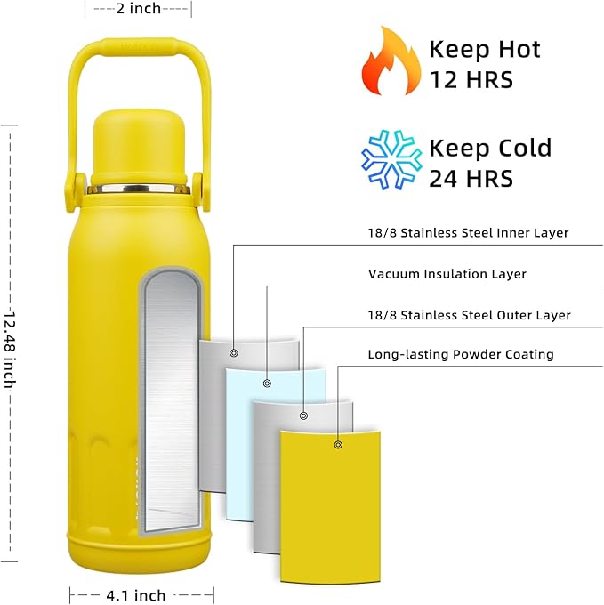 BJPKPK Insulated Thermos Water Bottle Double Wall with Handle and Lid 50oz Stainless Steel Water Bottles for Cold and Hot Beverages,Yellow