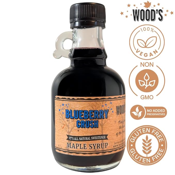 WOOD'S Blueberry Crush Maple Syrup – Small-Batch Vermont Maple Syrup Infused with Real Blueberry Flavor | All-Natural, Vegan Sweetener for Pancakes, Desserts, Cocktails & Baking | 8.45 Fl Oz (250mL)