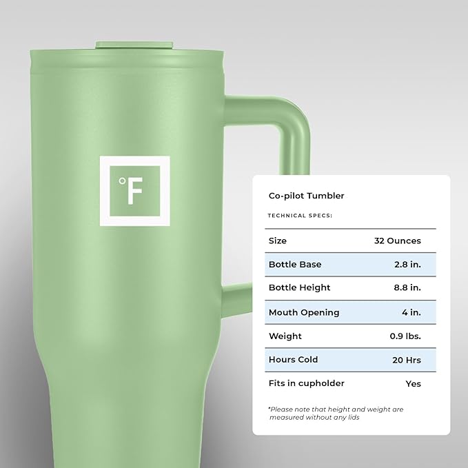 IRON °FLASK Co-Pilot Insulated Mug w/Straw & Flip Cap Lids - Cup Holder Bottle for Hot, Cold Drink - Leak-Proof - Water, Coffee Portable Travel Mug - Apple Green, 32 Oz