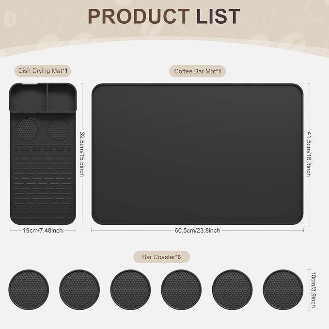 Silicone Coffee Mat with 6PCS Coasters,24''x16'' Kitchen Bar Accessories Fits Under Coffee Maker and Pot,Espresso Machine,Detachable Dish Drying Mat for Tamper,Sugar Packets,Cups,Countertop Protection