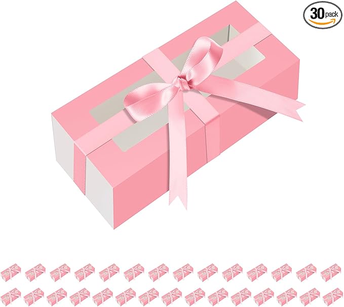 HAPPY POTATO 30 Pack Macaron Boxes for 4 or 5, 4×1.9×1.9 Inches, Macaron Packaging Boxes, Pink Macaron Box with Clear Window, Macaron Container Gift Boxes with Ribbon