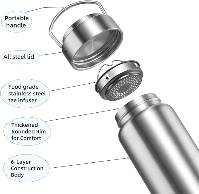 Vacuum Insulated Stainless Steel Water Bottle with Tea Infuser - Wide Mouth,BPA-Free, Leak- Proof,Keeps Cold 24H/ Hot 12H- Ideal for Travel,Office, Gym (25oz)