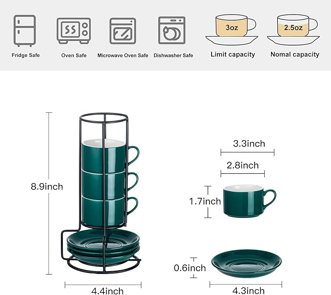 2.5oz Porcelain Stackable Espresso Cups with Saucers and Metal Stand Set of 4, Stackable Cappuccino Cups, Green Expresso Shots Cup Set for Coffee Drinks, Latte, Tea
