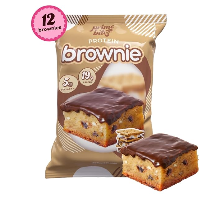Prime Bites Protein Brownie from Alpha Prime Supplements | High Protein, Collagen Fortified Low Sugar Treat | Delicious Snack | 12 Bars per Box (S'mores)