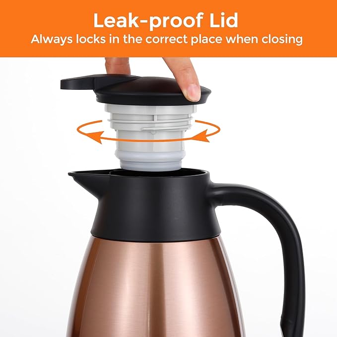 Tiken 34 Oz Thermal Coffee Carafe, Stainless Steel Insulated Vacuum Coffee Carafes For Keeping Hot, 1 Liter Beverage Dispenser (Copper)