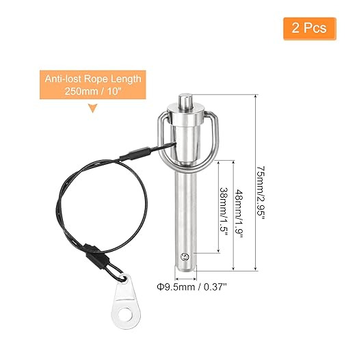 uxcell 2 Pcs Quick Release Pin, 3/8" x 1.5"(Dia. x L) Push-Button Ball Locking Pin 304 Stainless Steel Ring Handle Locking Pin with Wire for Audio Bimini Top Marine, Silver
