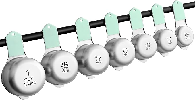 Spring Chef Magnetic Stainless Steel Measuring Cups (Patent Pending), Kitchen Tools with Easy to Read Markings for Measuring Dry or Liquid Ingredients, Set of 7, Mint