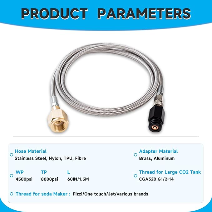 CO2 Tank CO2 Cylinder Direct Adapter with 60in Stainless Steel Hose, CGA320 to TR21-4 Carbonated Water Soda Maker Connector for Fizzi One Touch Jet Ninja Thirsti