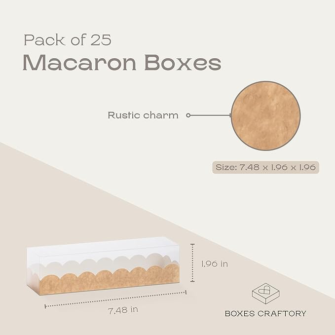 Pack of 25 Macaron Boxes with Clear Window (For 7) - Ideal for Gift Packaging or Strawberry - 7.48 x 1.96 x 1.96 Inch Natural Brown