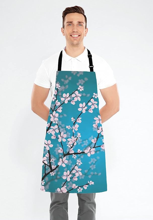 Spring Japanese Flowers Kitchen Cooking BBQ Chef Apron,Funny Apron for Men, Women - Dad Presents, Presents for Men - Birthday, Mothers Day Presents for Mom, Wife, Husband, Brother, Friends