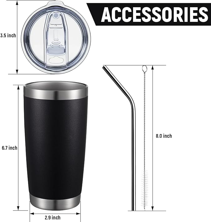 COMOOO 20oz Double Wall Vacuum Insulated Travel Mug, Stainless Steel Tumbler with Lid and Straw Durable Powder Coated Insulated Coffee Cup for Cold & Hot Drinks (Black, 12 pack