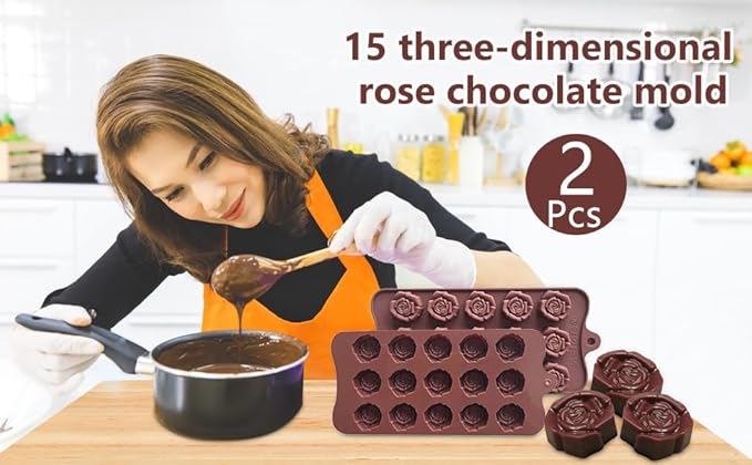 2PCS Rose Flower Chocolate Molds 15 Cavity Silicone Candy Molds Non-Stick Sweet Valentines Day Molds Gummy Ice Jelly Molds for Wax Melt Resin Casting Candles Soap