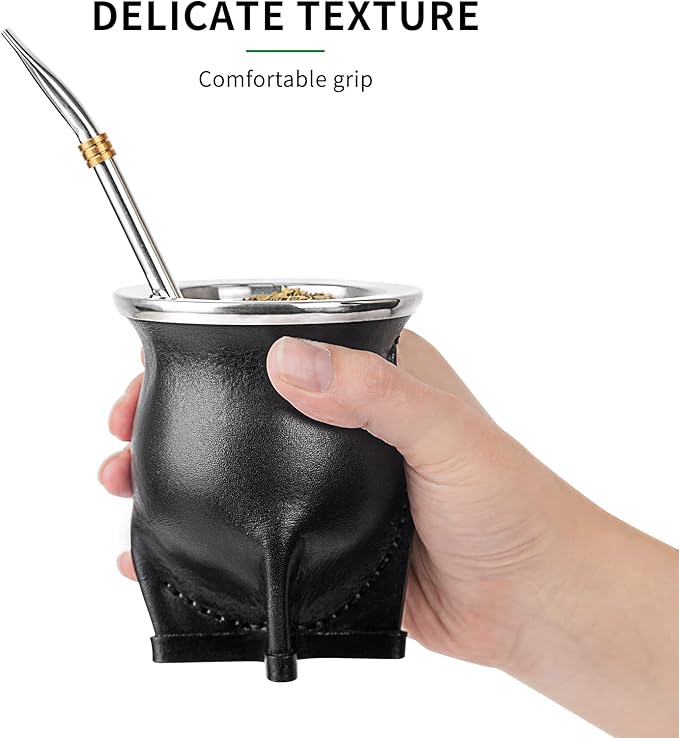 Ceramic Liner Yerba Mate Cup Argentina Gourd with Mate Bombilla Straw, Cleaning Brush (Black)