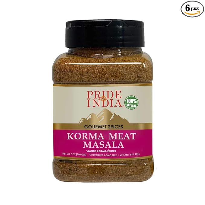 Pride of India - PACK of 6 - Korma Meat Masala Mix – Ideal for Traditional Meat/Lamb Curry – Gourmet & Flavorful – Seasoning Spice Blend – 7 oz. Medium Dual Sifter Jar