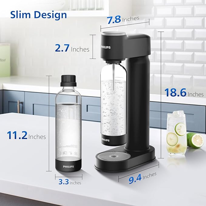 PHILIPS Sparkling Water Maker Soda Maker Soda Streaming Machine Quick Twist for Easy Install, 1L Carbonating Bottle, Soda Water Maker, Compatible with 60L CO2 Carbonator(NOT Included), ADD4901BKOQ/37