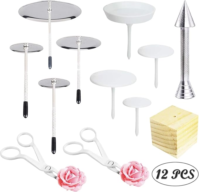 12 PCS Cake Decorating Supplies, Woohome 8 PCS 2 Style Cake Flower Nail, 2 PCS Flower Lifters and 1 PCS Wood Flower Nails Holder, 1 PCS Cake Icing Dispensers for Icing Flowers Decoration