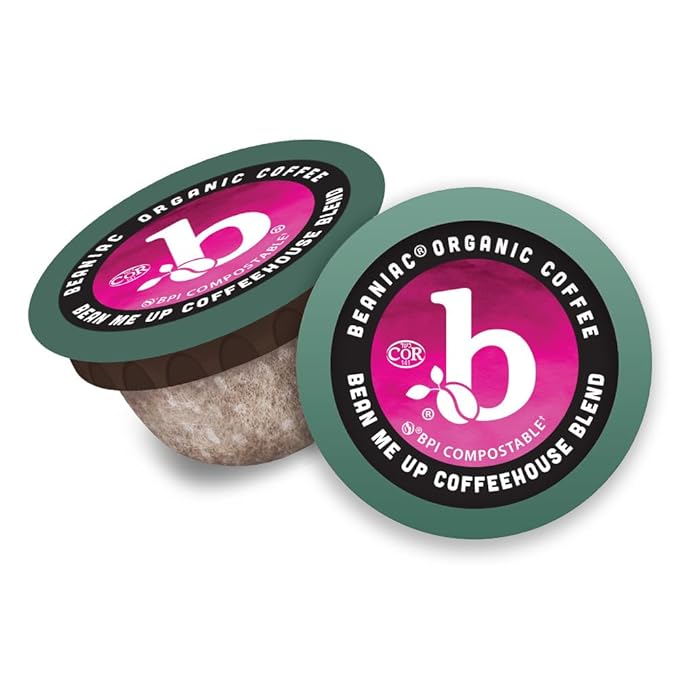 beaniac Organic Bean Me Up Coffeehouse Blend, Medium Roast, Single Serve Compostable K Cup Coffee Pods, Organic Arabica Coffee, Keurig Brewer Compatible, 72 Count