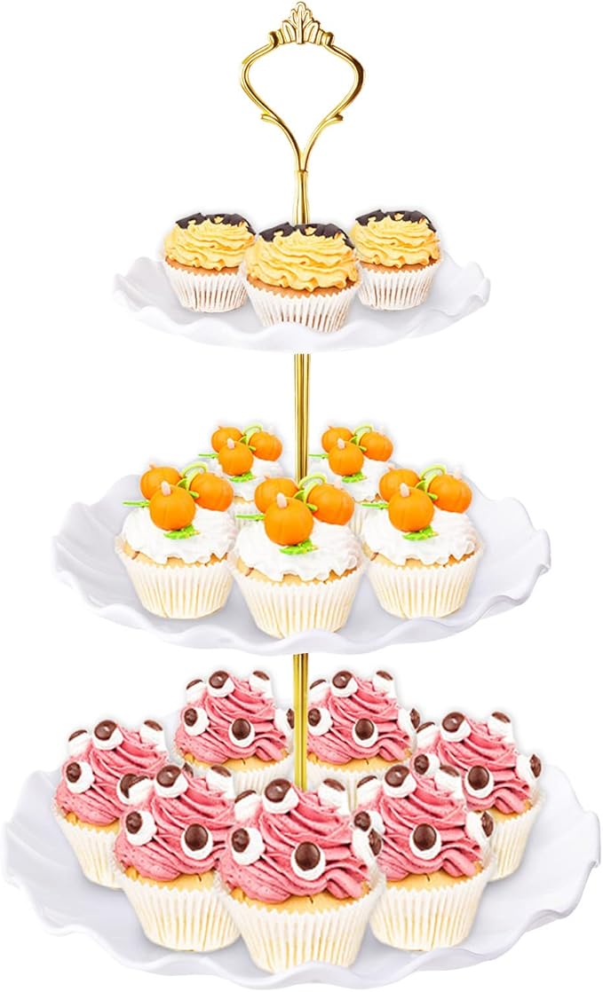 3 Tier Cupcake Stand Holder, Plastic Cup Cake Stand Towel with Tiered Serving Tray for Cupcakes, Donuts, Fruits and More, White (White)
