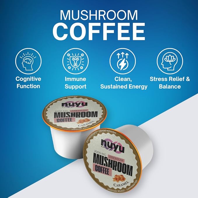 Nuyu Mushroom Coffee Pods, Caramel, K-Cups, 100% Medium Roast Arabica Coffee with Lion's Mane, Reishi, Chaga, Cordyceps, 2000mg per Pod (12, Caramel)