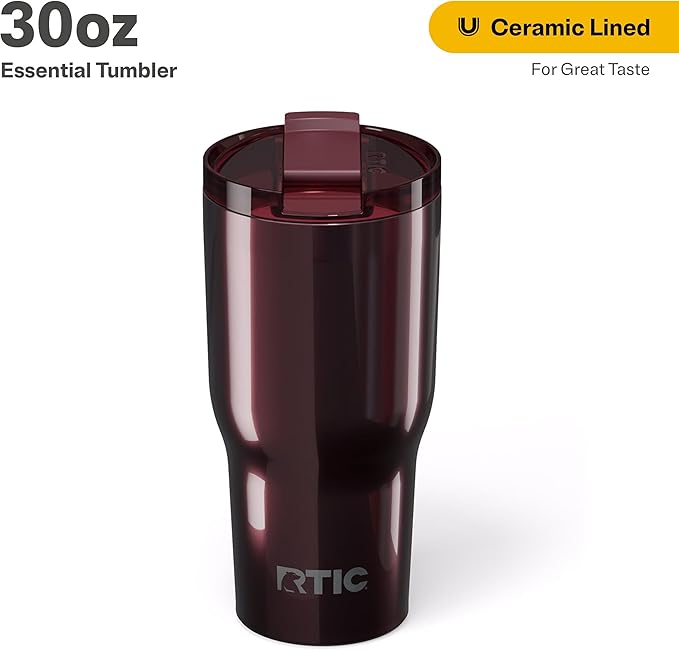 RTIC 30oz Essential Tumbler with Lid, Insulated, Stainless Steel, Metal, Double Wall Vacuum-Insulation, Ceramic Lined, Travel Cup for Iced Coffee, Tea, Hot and Cold Drink, Vintage Rose Metallic