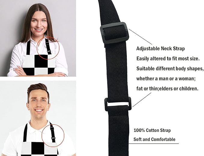 Black and White Art Design Checkered Bib Apron with Adjustable Neck for Men Women,Suitable for Home Kitchen Cooking Waitress Chef Grill Bistro Baking BBQ Apron