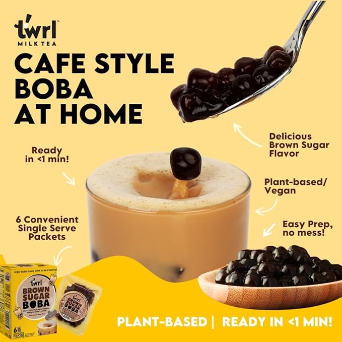 Twrl Brown Sugar Boba Bubble Tea Topping - Taiwanese Boba Pearls, Cafe-Style Tapioca Topping, Instant - Perfect for Milk Tea and Coffee, Gluten-Free, Plant-Based - Pack of 3 Single Servings & 3 Boba Straws