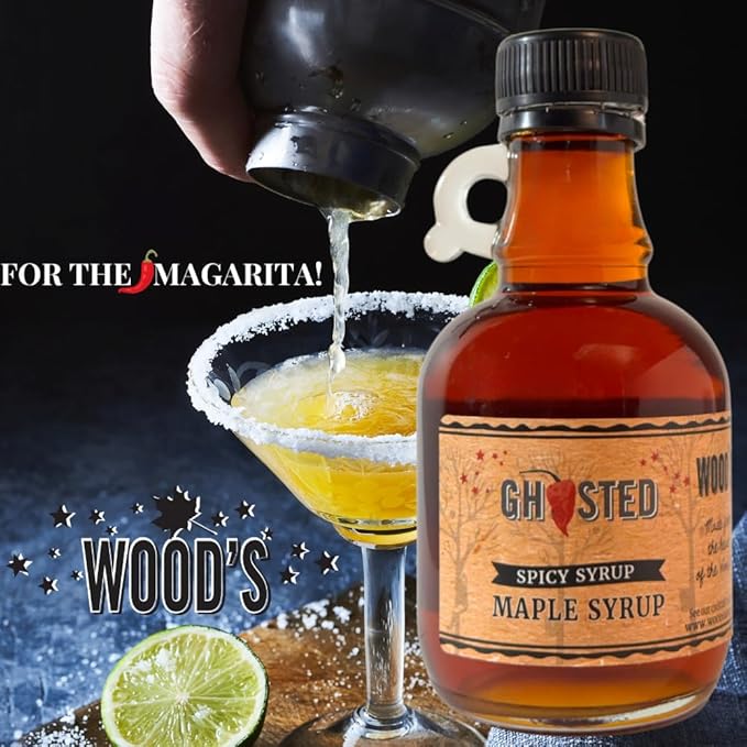WOOD'S “Ghosted” Maple Syrup – Ghost Pepper Infused | Sweet & Spicy Flavor Fusion | Small-Batch Vermont Syrup with Real Ghost Pepper Extract | Vegan, Natural, Eco-Friendly | Great for Cocktails, BBQ, Glazes & More |8.45 Fl Oz (250mL)