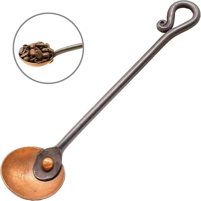 Copper and Steel Coffee Scoop | Food Grade & Measures 2 Tsp | Antique & Rustic Cast Iron Metal Spoon | Use For Espresso Beans, Tea Leaves, or Sugar | Handmade in Maine USA | By Wicks Forge