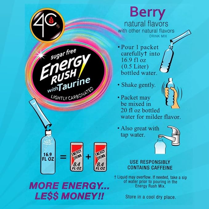 4C Powder Energy Rush Stix, Energy Rush - Berry 350 Count, Bulk Buy, Singles Stix, On the Go, Refreshing Water Flavorings, Value Pack